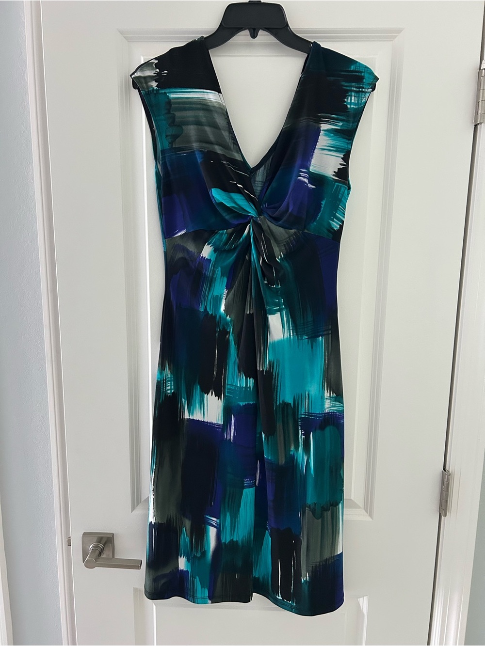 London Times Teal, Navy & Black Brushstroke Twist-Front Dress